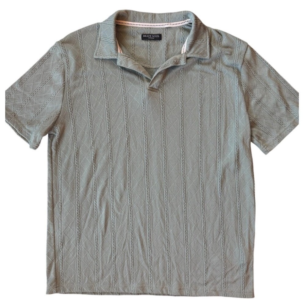 Brave Soul London Knit Polo Shirt Mens Large Sage Green Textured Cable Excellent